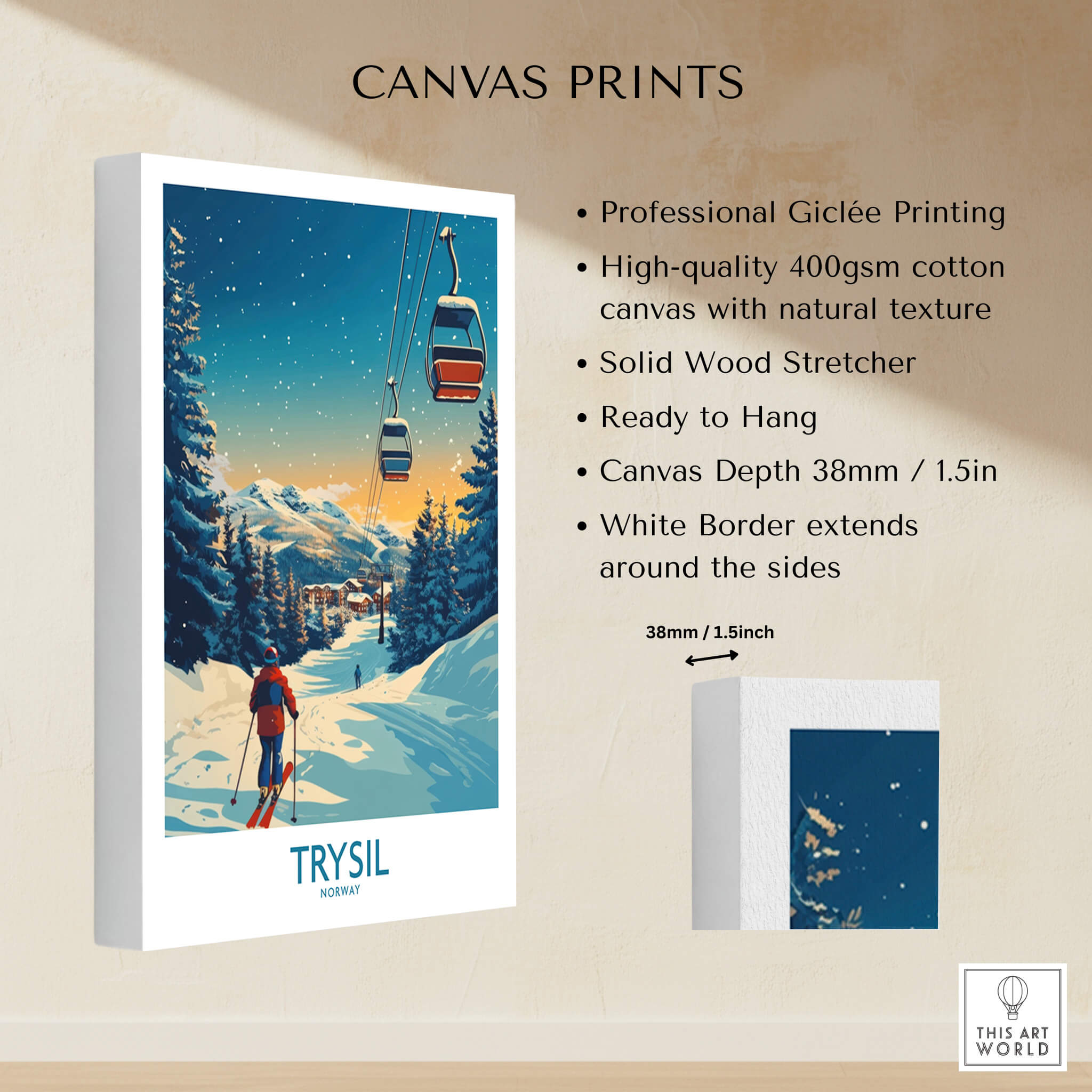Trysil Poster Norway showcased as a canvas print featuring skiing in the Norwegian mountains.