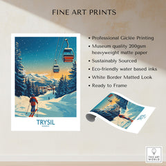 Trysil Poster Norway featuring professional Giclée printing and ski-themed design with mountains and gondolas.