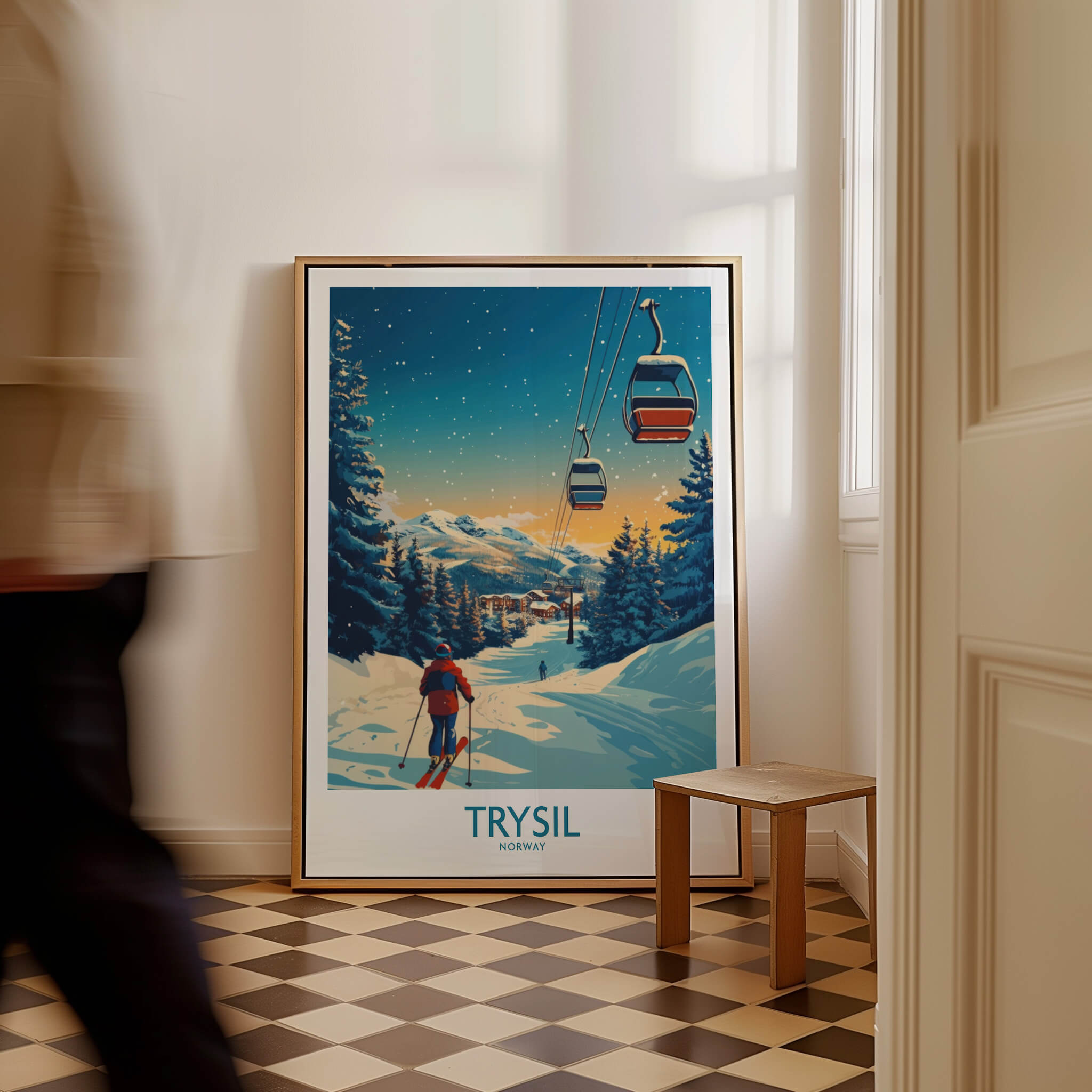Trysil Poster Norway featuring a skier and ski lift in a snowy landscape, showcasing the beauty of Norwegian mountains.