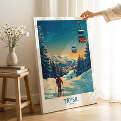 Trysil Poster Norway featuring a skier with ski lifts in a scenic winter landscape.
