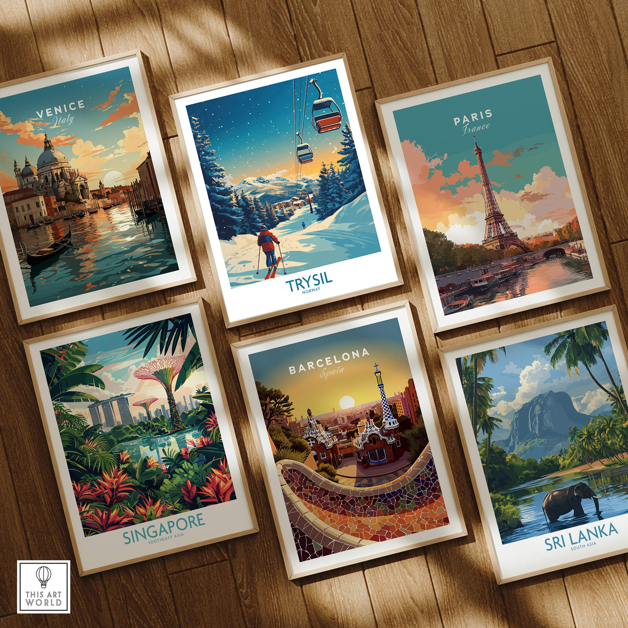 Trysil Poster Norway and other travel poster prints including Venice, Paris, Singapore, Barcelona, and Sri Lanka.