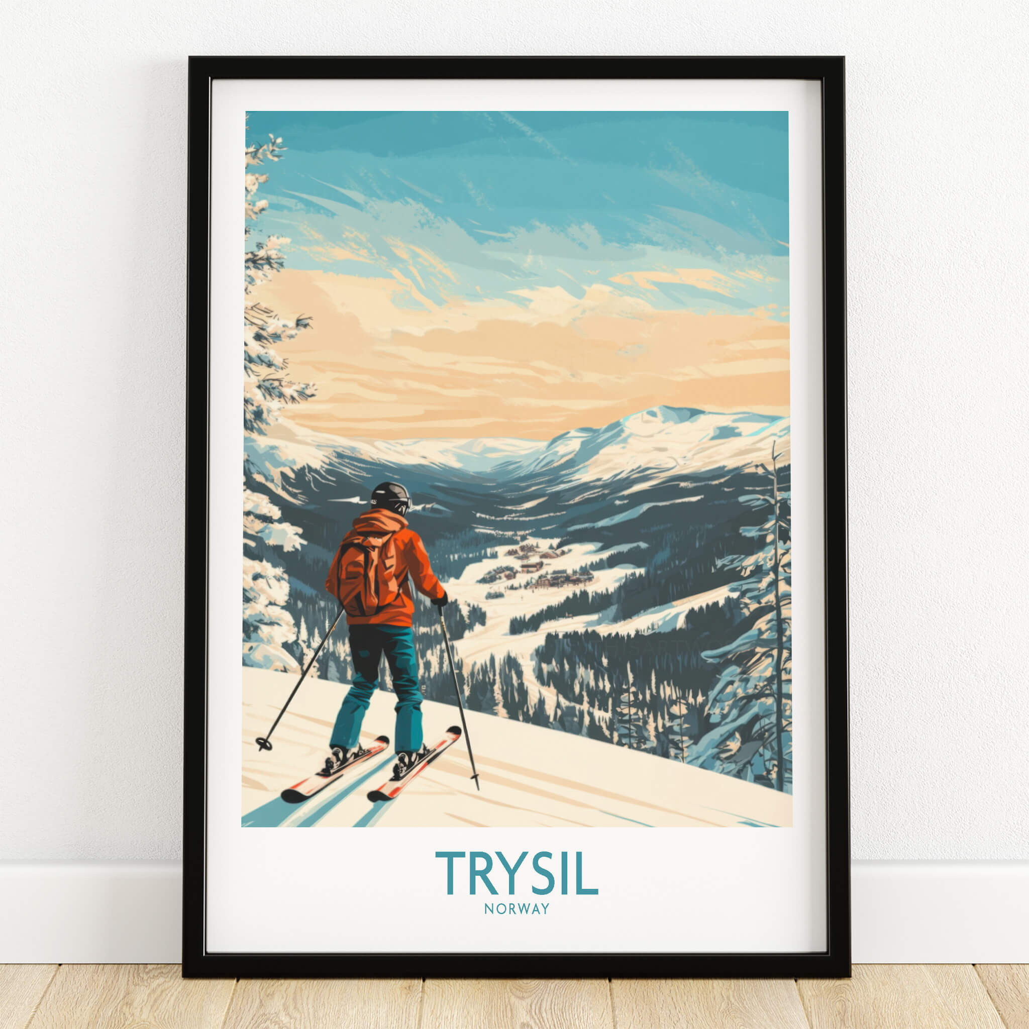 Trysil Ski Wall Art Ski Poster featuring a skier overlooking a stunning mountain landscape in Trysil, Norway.