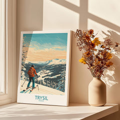 Trysil Ski Wall Art Ski Poster featuring scenic snowy landscape and skier in sunlight.