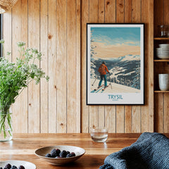 Trysil Ski Wall Art Ski Poster showcasing a skier against a snowy landscape in a beautifully decorated room.