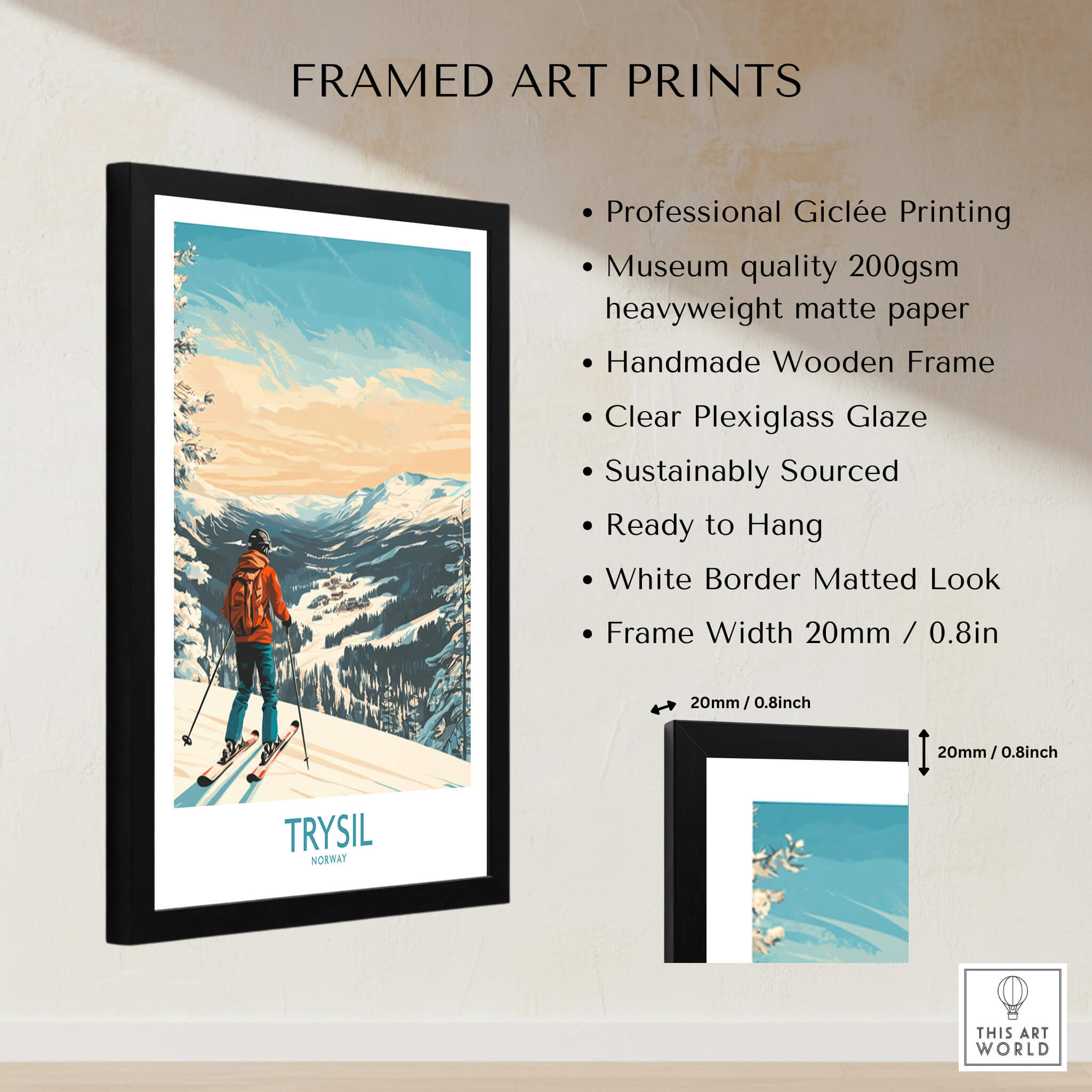 Trysil Ski Wall Art Ski Poster framed display featuring professional Giclée printing and handmade wooden frame.