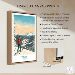 Trysil Ski Wall Art Ski Poster framed with a natural wooden frame, showcasing snowy mountain scenery perfect for decor.