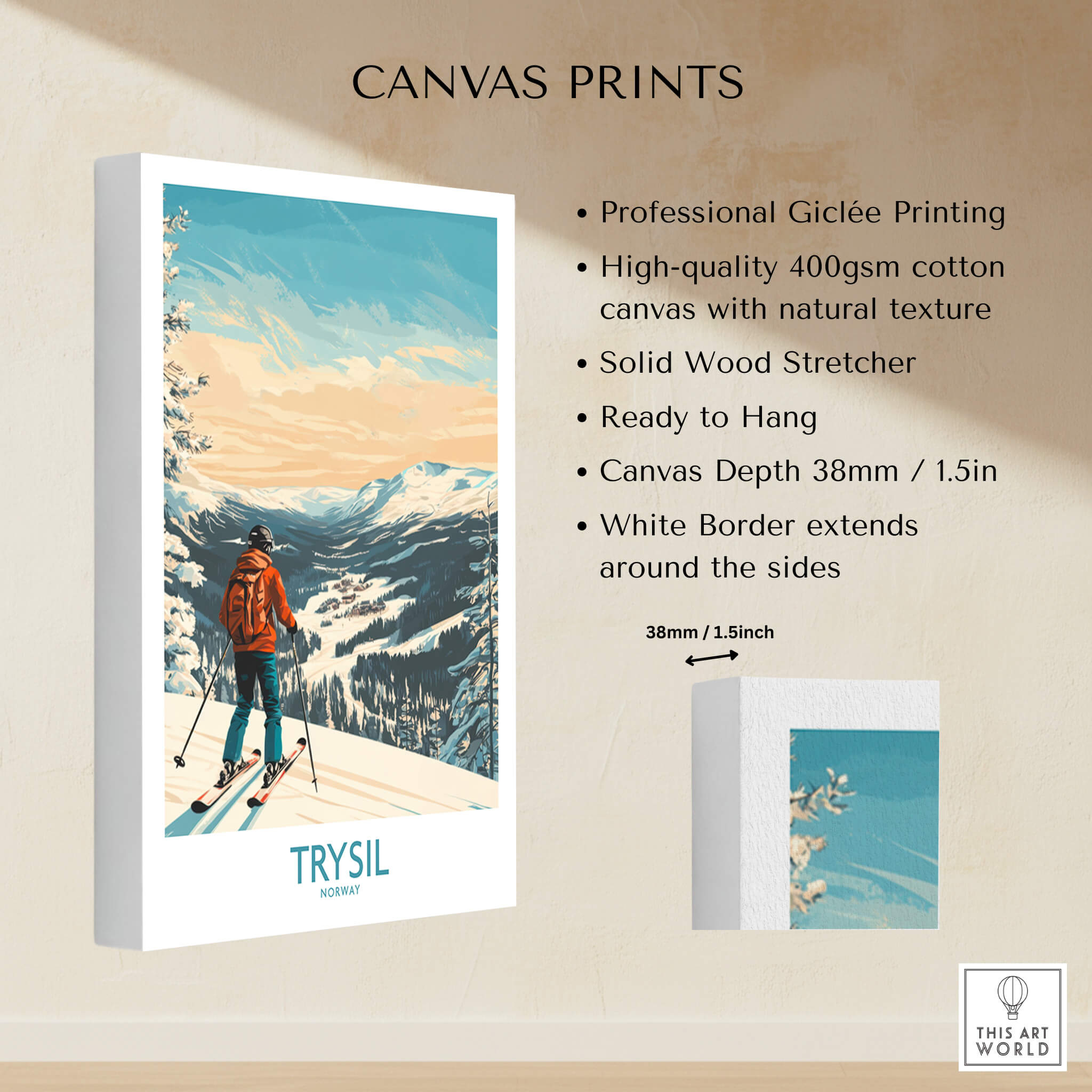 Trysil Ski Wall Art Ski Poster showcasing professional Giclée printing on canvas with a snowy landscape and skier.