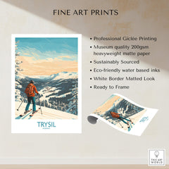 Trysil Ski Wall Art Ski Poster featuring a skier on snowy mountains with eco-friendly printing details.