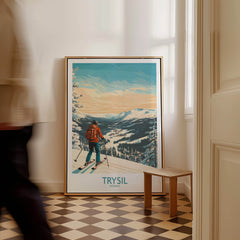 Trysil Ski Wall Art Ski Poster showcasing a skier against a scenic snowy landscape backdrop in a stylish interior.
