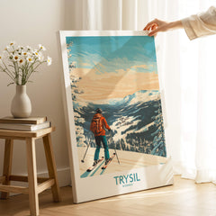 Trysil Ski Wall Art Ski Poster showcasing a skier overlooking a snowy mountain landscape in Norway.