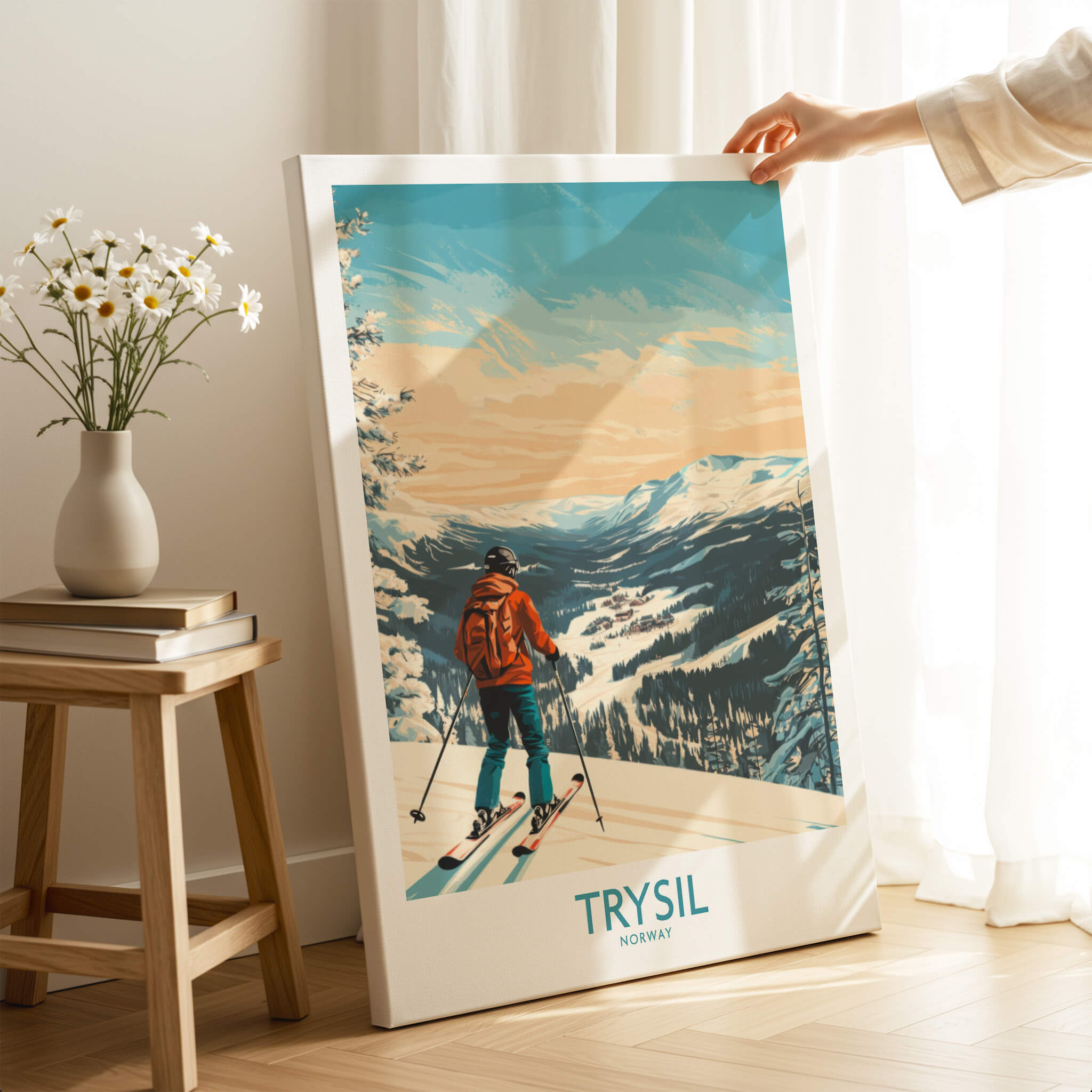 Trysil Ski Wall Art Ski Poster showcasing a skier overlooking a snowy mountain landscape in Norway.