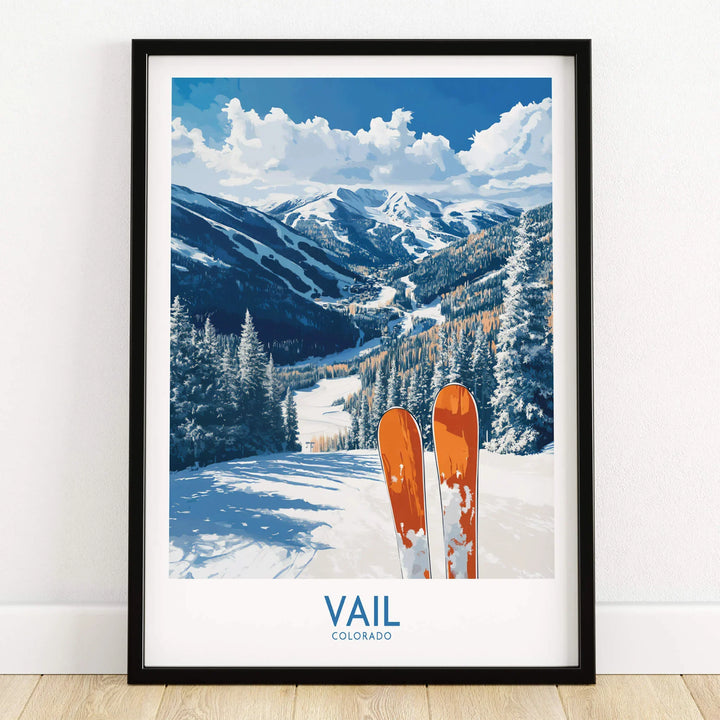 Vail Ski Print - Colorado framed wall art featuring a stunning view of Vail's ski slopes and mountains.