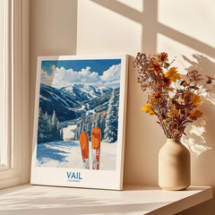 Vail Ski Print - Colorado featuring a beautiful winter landscape and ski equipment, perfect for home decor.
