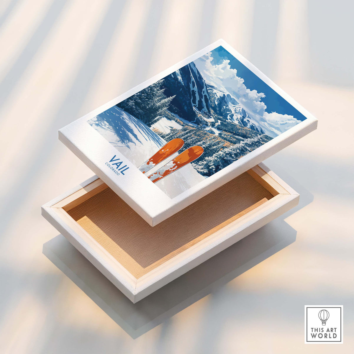 Vail Ski Print - Colorado artistic box showcasing vibrant ski resort scene with mountains and wooden skis.