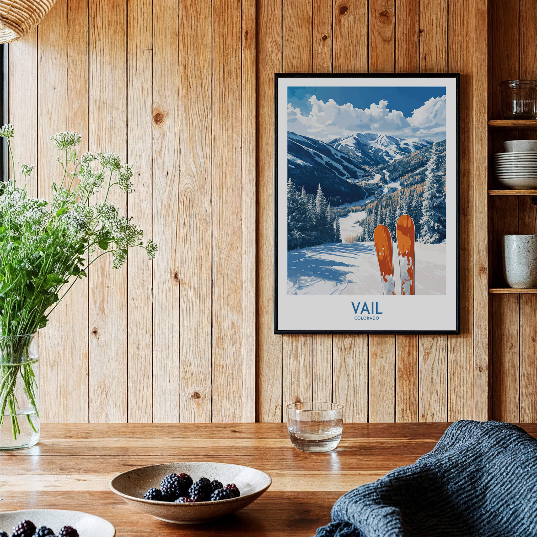 Vail Ski Print - Colorado framed art showcasing the scenic slopes of Vail Ski Resort with vibrant colors.