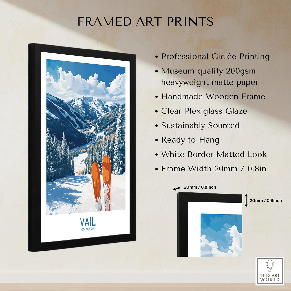 Vail Ski Print - Colorado framed art print showcasing vivid mountain scenery and ski equipment details.