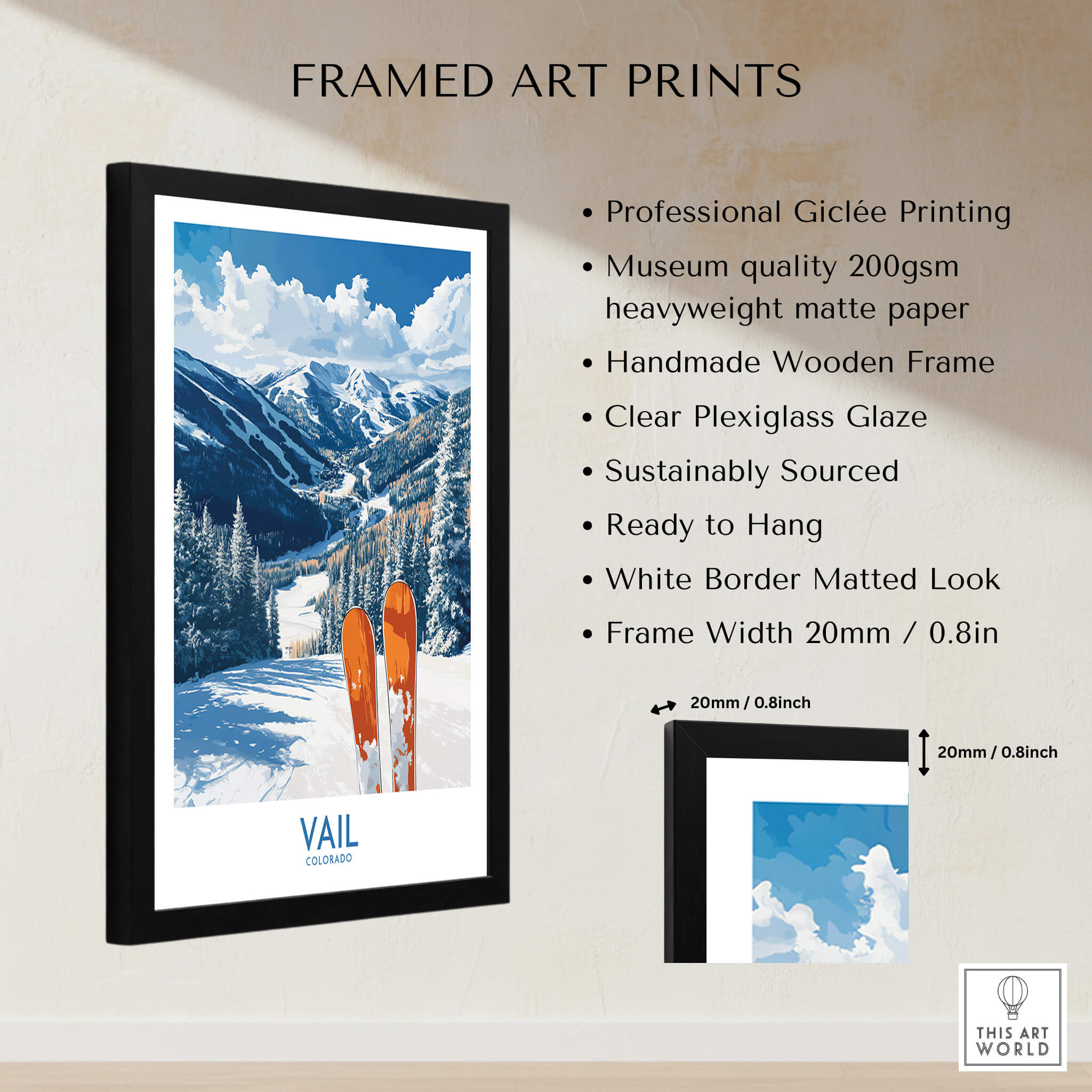 Vail Ski Print - Colorado framed art print showcasing vivid mountain scenery and ski equipment details.
