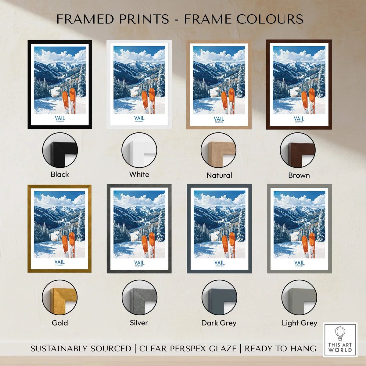Vail Ski Print - Colorado framed print options with different frame colors displayed on a neutral background