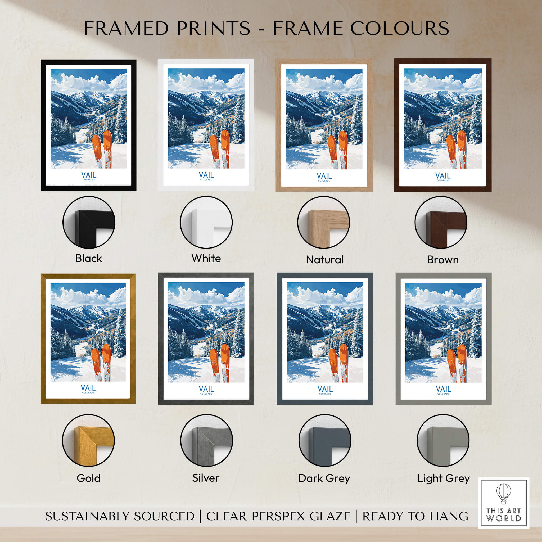 Vail Ski Print - Colorado framed print options with different frame colors displayed on a neutral background