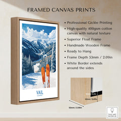 Vail Ski Print - Colorado framed canvas print showcasing snowy mountains and ski equipment.