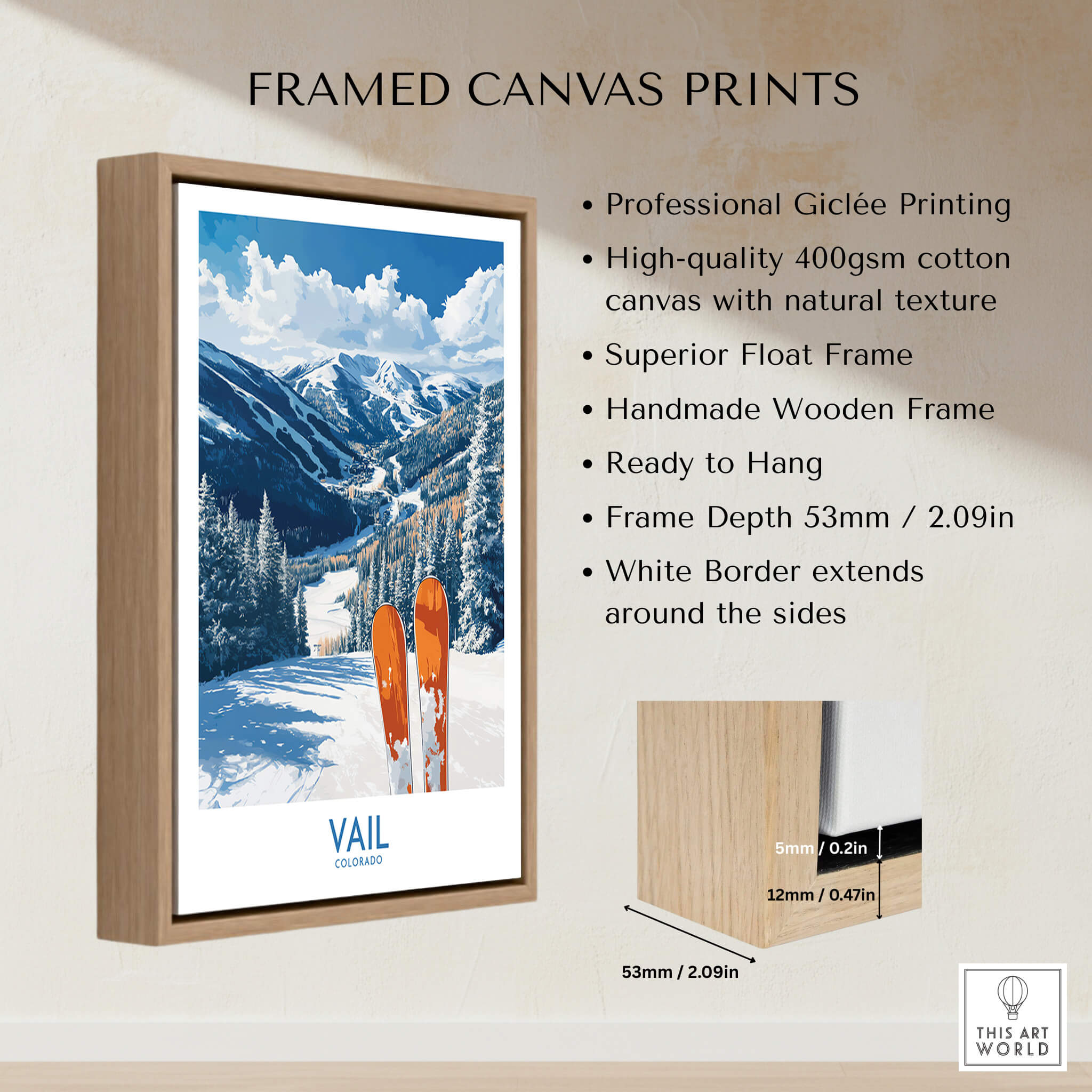 Vail Ski Print - Colorado framed canvas print showcasing snowy mountains and ski equipment.