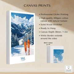 Vail Ski Print - Colorado showcasing a professional Giclée print on cotton canvas with snowy slopes and vibrant colors.