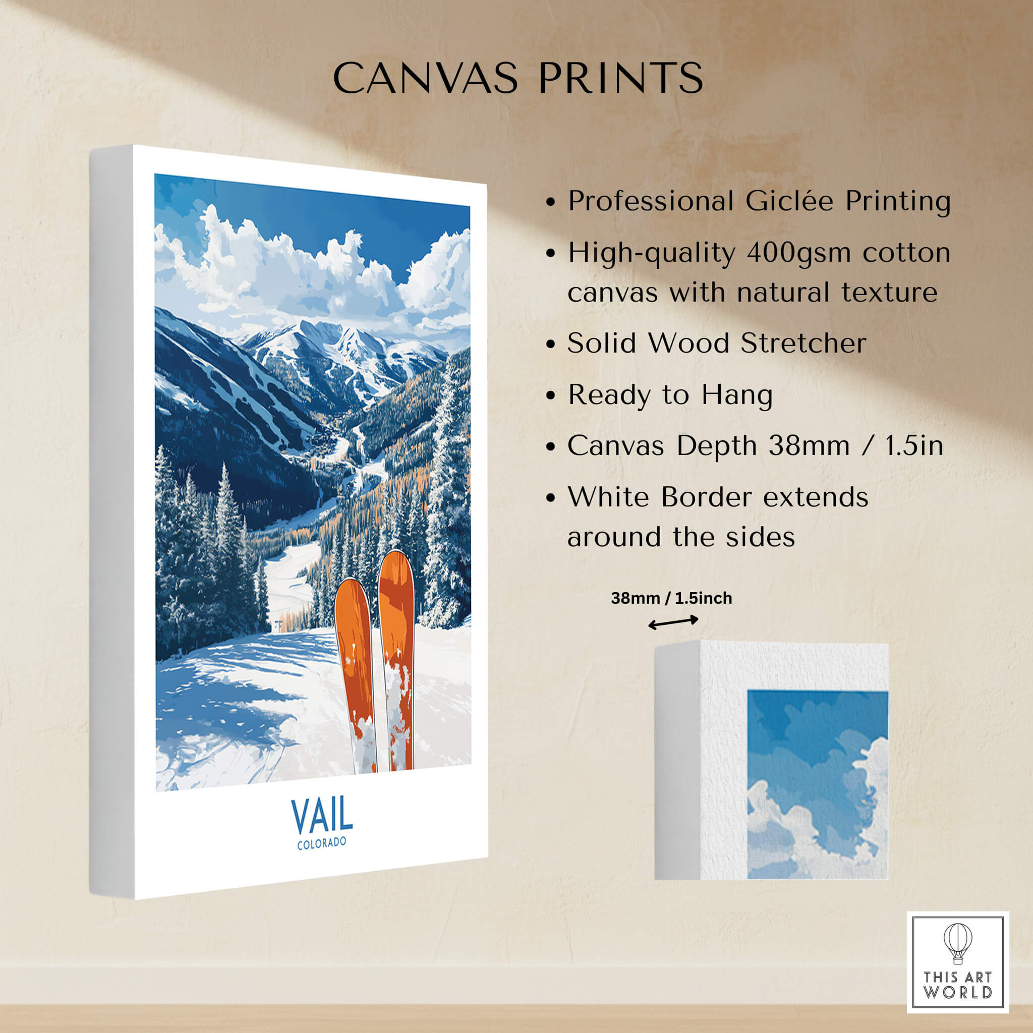 Vail Ski Print - Colorado showcasing a professional Giclée print on cotton canvas with snowy slopes and vibrant colors.