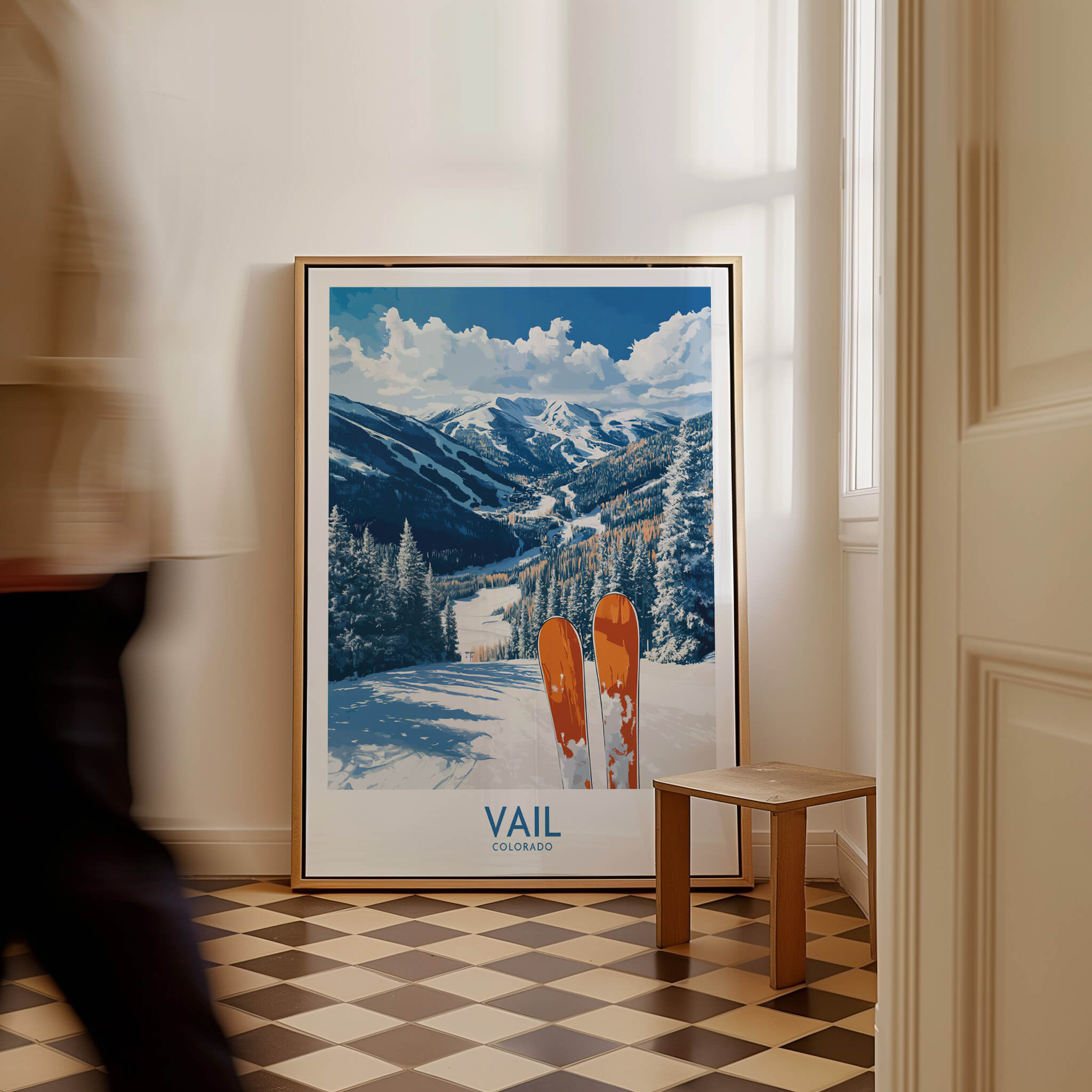 Vail Ski Print - Colorado framed ski wall art depicting snow-covered mountains and vibrant orange skis.