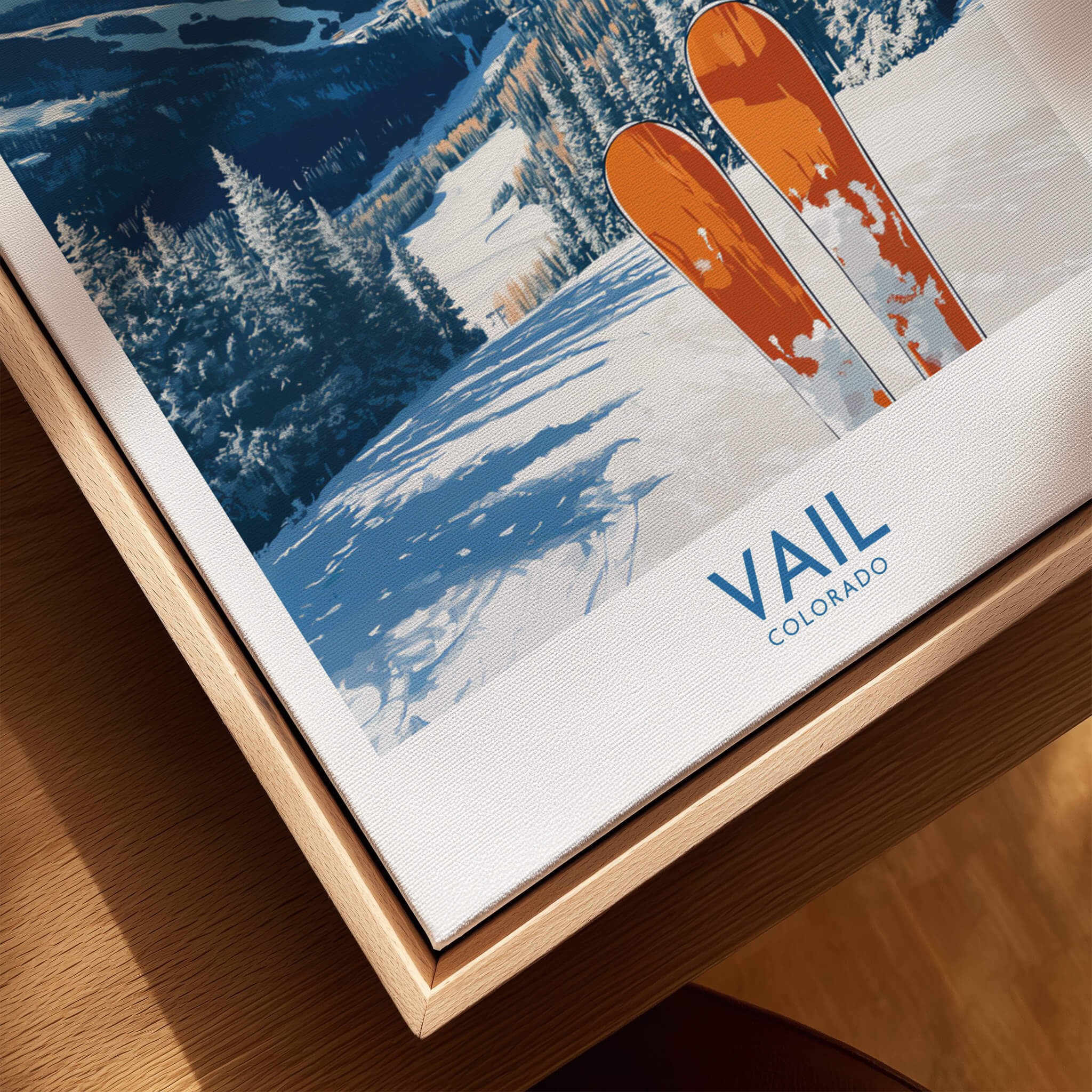 Vail Ski Print - Colorado featuring vibrant colors and ski equipment in a beautiful snowy landscape.