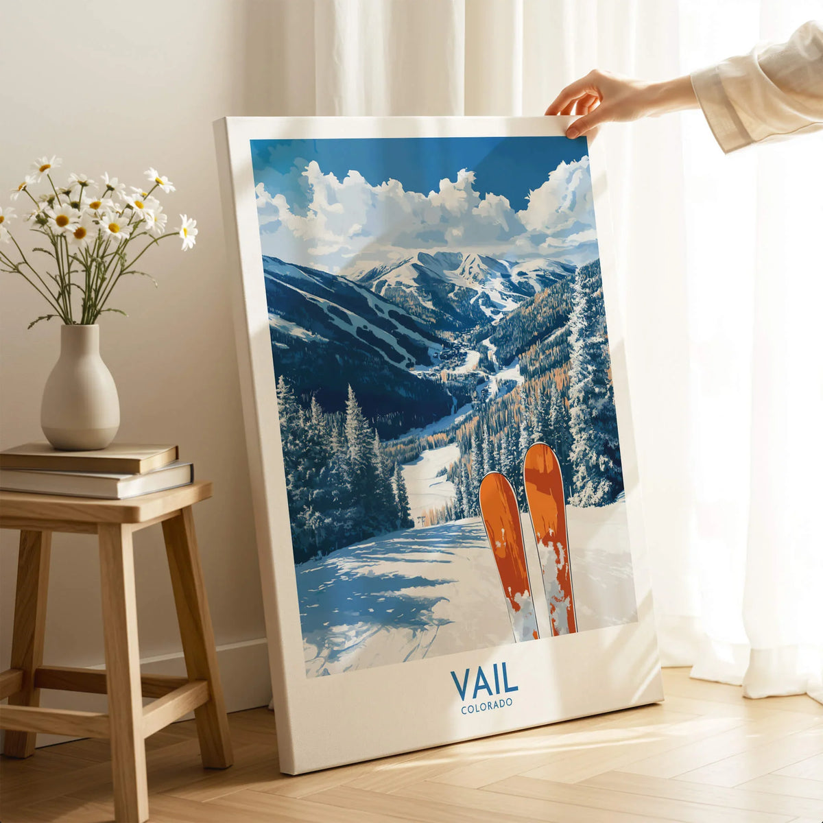 Vail Ski Print - Colorado showcasing a vibrant ski scene with skis in the foreground and mountains in the background.