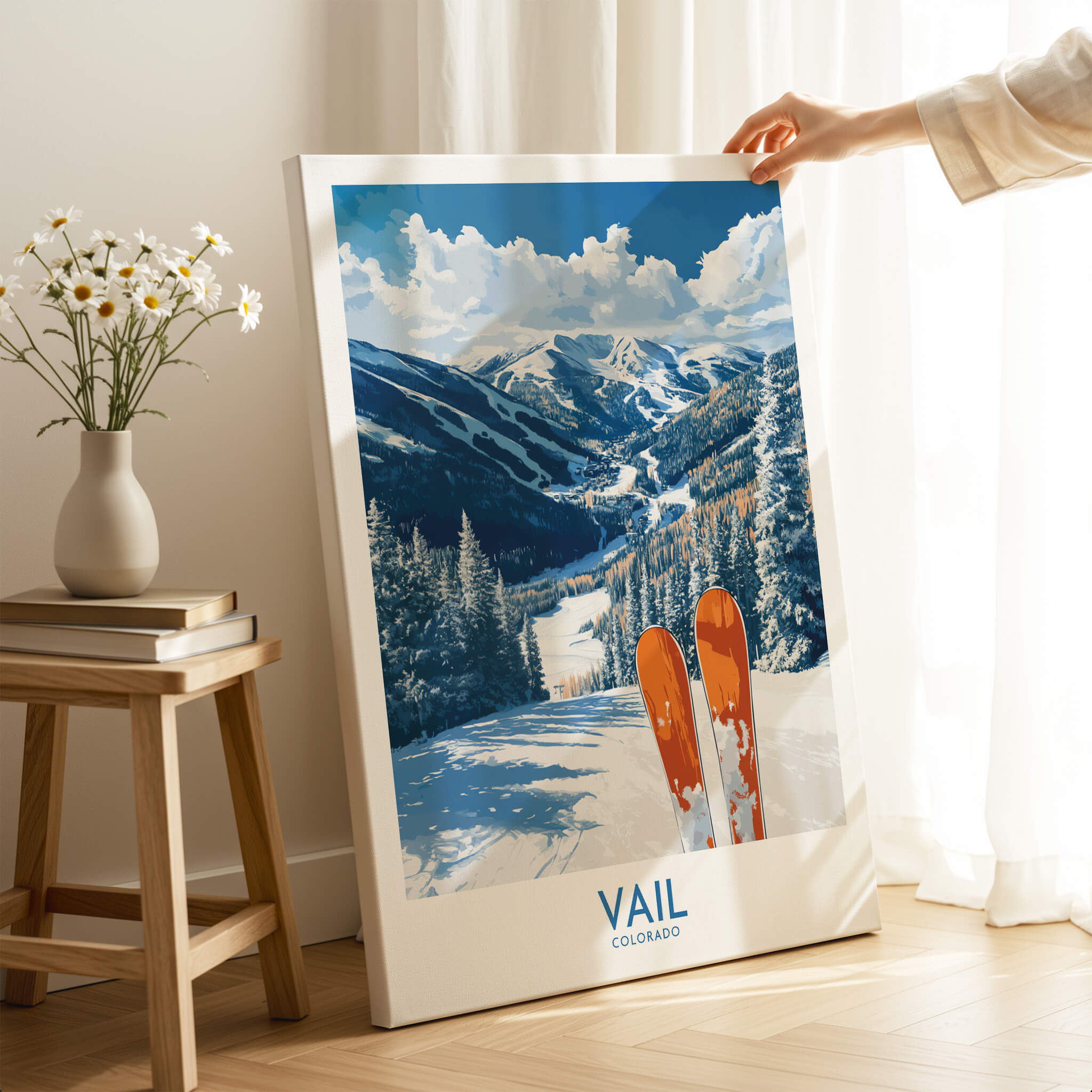 Vail Ski Print - Colorado showcasing a vibrant ski scene with skis in the foreground and mountains in the background.