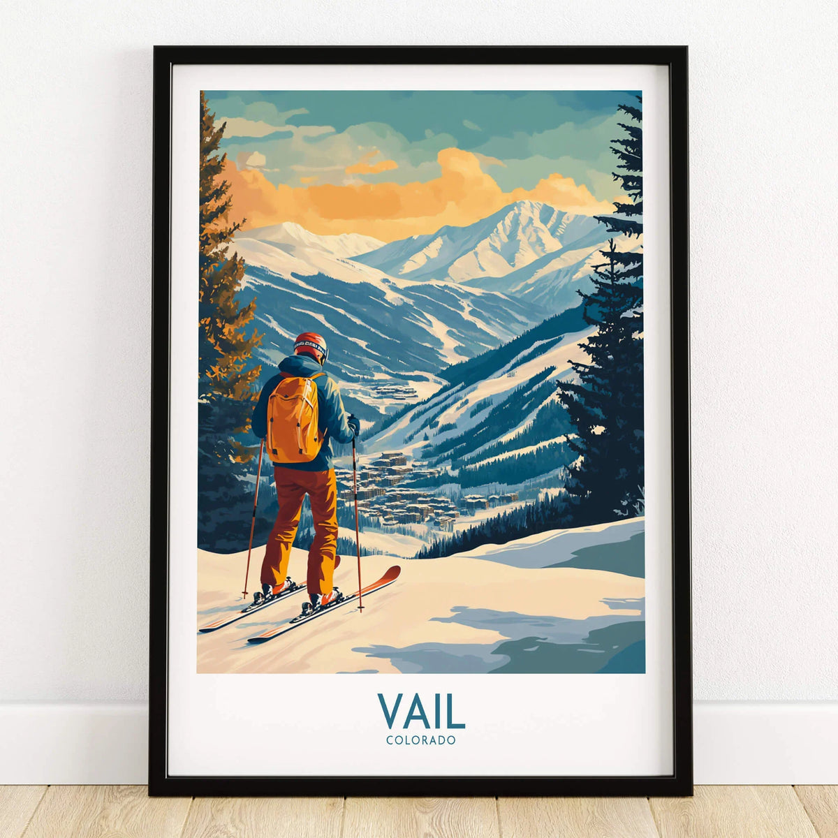 Vail Wall Art - Colorado Ski Poster featuring a skier overlooking the stunning Colorado mountains in vibrant colors.