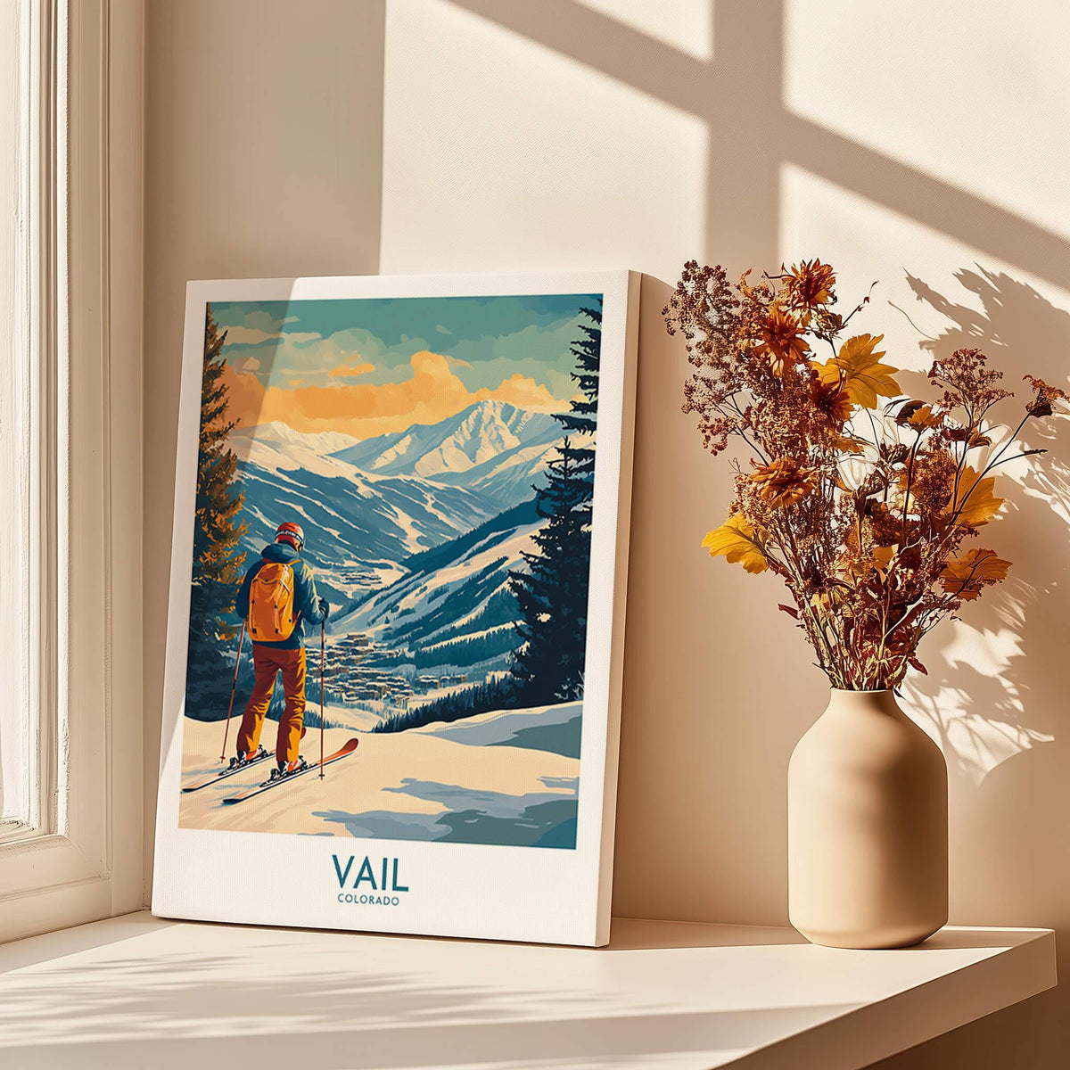 Vail Wall Art - Colorado Ski Poster displayed in a sunlit room, showcasing stunning mountain scenery.