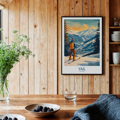 Vail Wall Art - Colorado Ski Poster displayed in a cozy kitchen setting showcasing mountain views and ski culture.