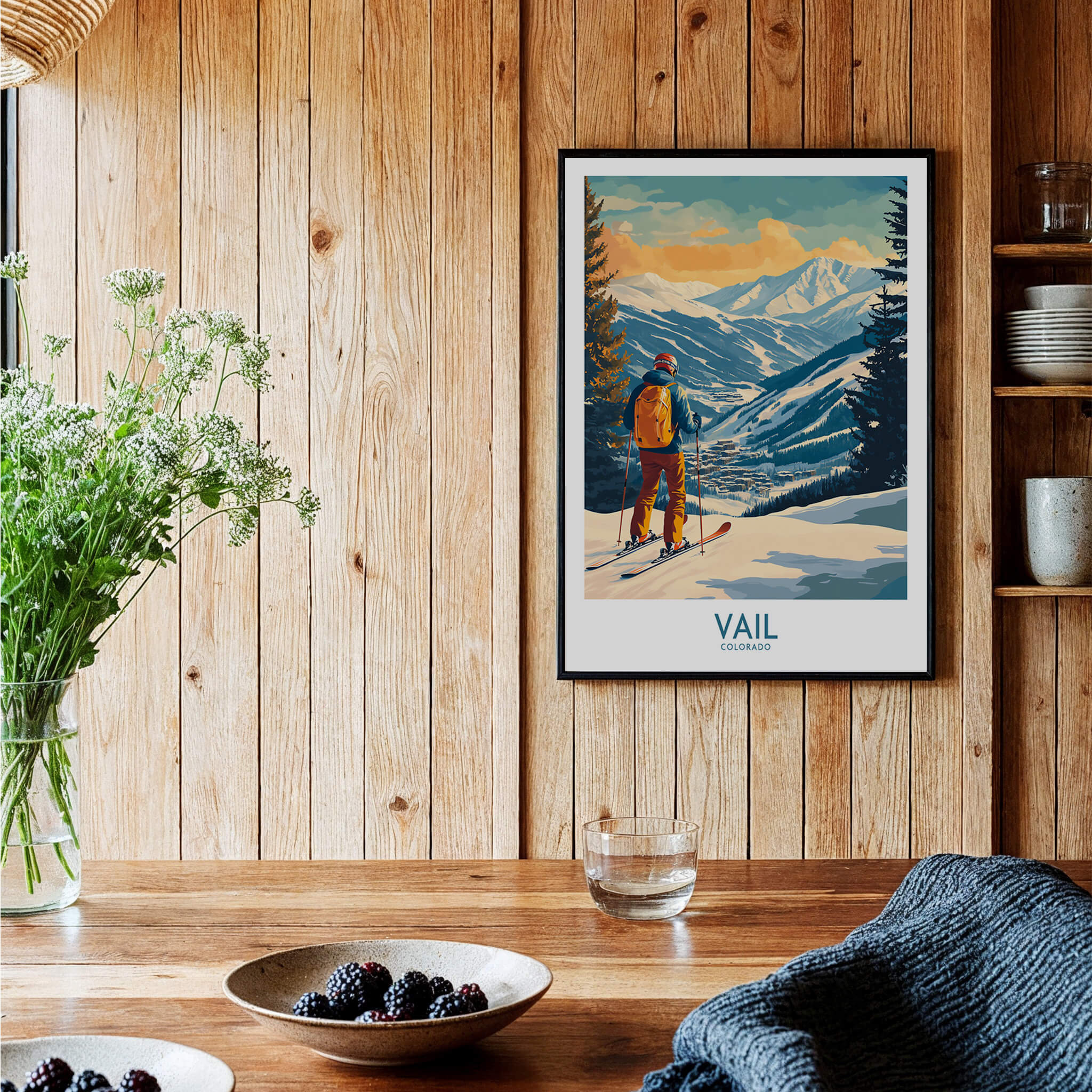 Vail Wall Art - Colorado Ski Poster displayed in a cozy kitchen setting showcasing mountain views and ski culture.