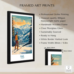 Vail Wall Art - Colorado Ski Poster showcasing skiers on Vail Mountain with framed art details and professional Giclée printing.