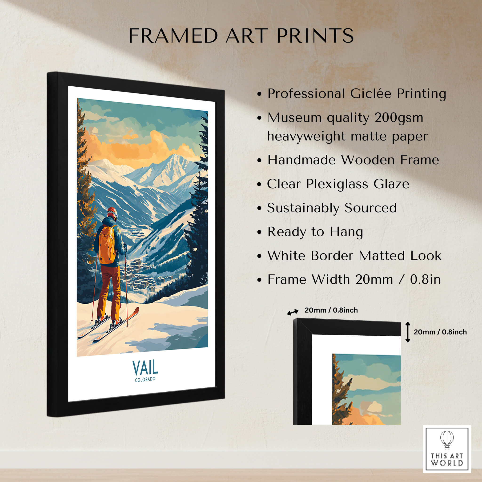 Vail Wall Art - Colorado Ski Poster showcasing skiers on Vail Mountain with framed art details and professional Giclée printing.