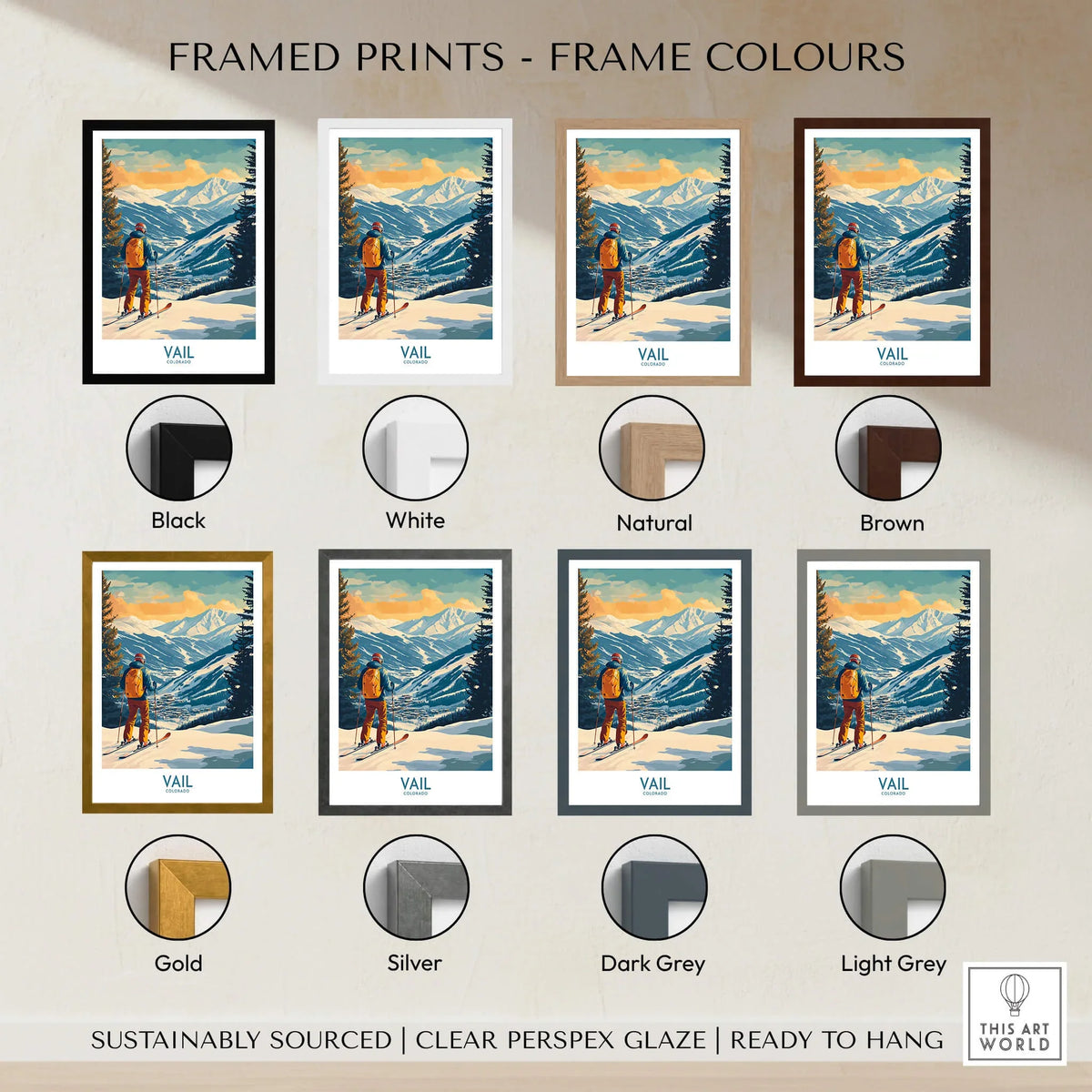 Vail Wall Art - Colorado Ski Poster framed in various colors including black, white, natural, and brown.