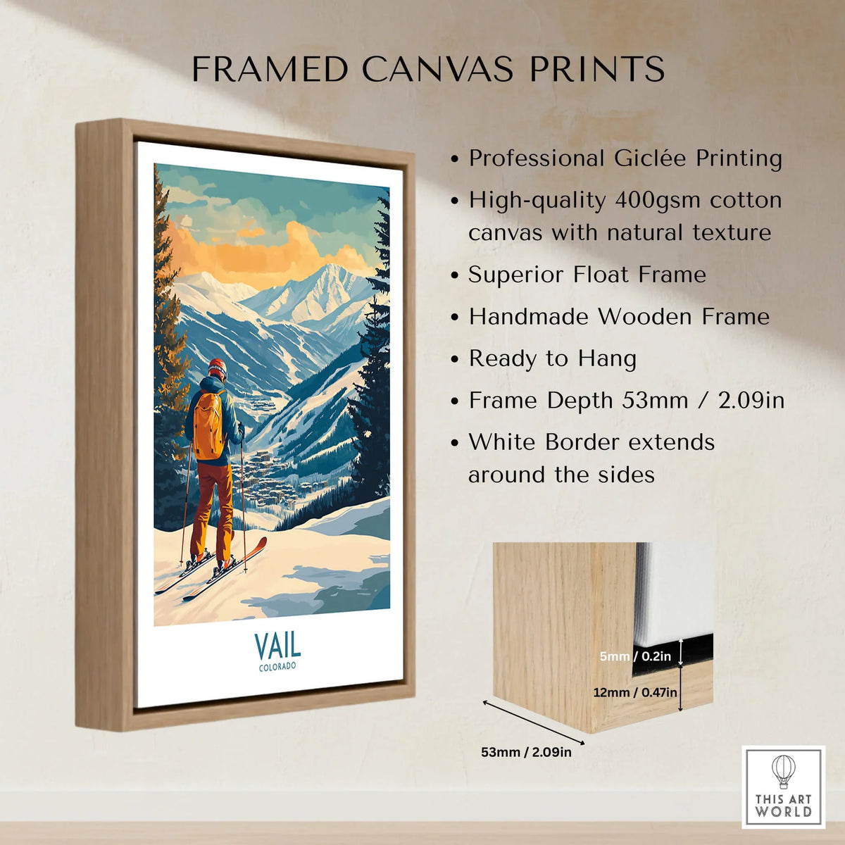 Vail Wall Art - Colorado Ski Poster framed canvas print featuring snowy mountains and skier in Vail, Colorado.