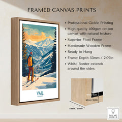Vail Wall Art - Colorado Ski Poster framed canvas print featuring snowy mountains and skier in Vail, Colorado.