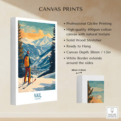 Vail Wall Art - Colorado Ski Poster showcasing a skier on Vail Mountain with natural canvas texture and white border.