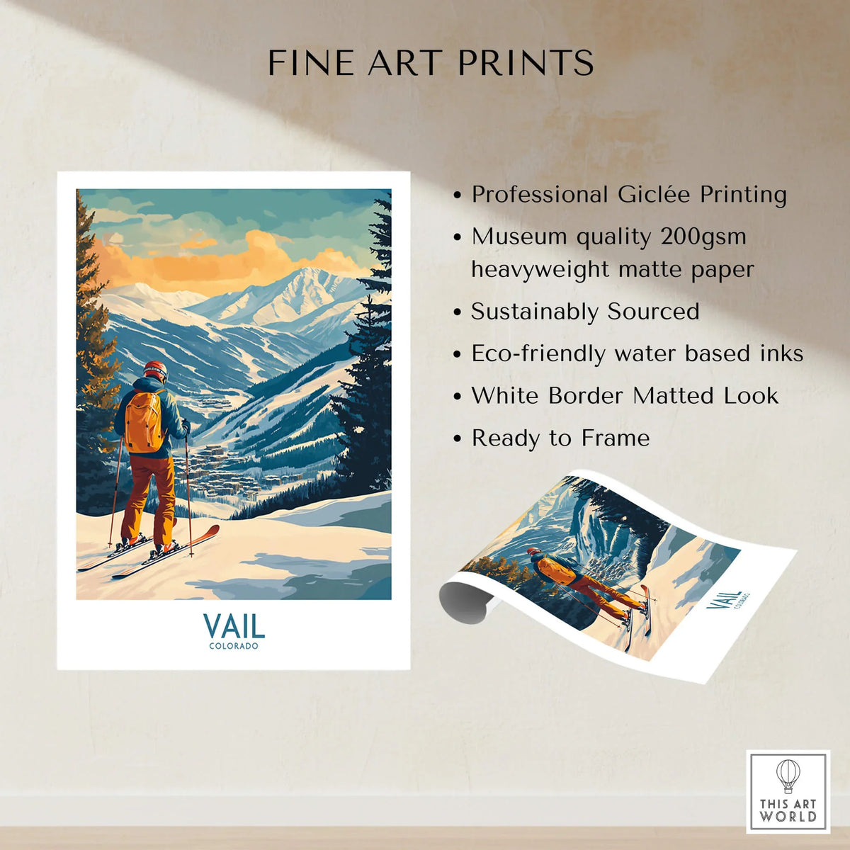 Vail Wall Art - Colorado Ski Poster featuring a skier on Vail Mountain with eco-friendly printing details.