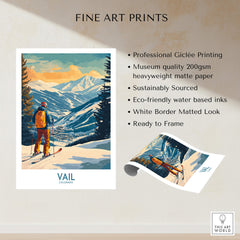 Vail Wall Art - Colorado Ski Poster featuring a skier on Vail Mountain with eco-friendly printing details.