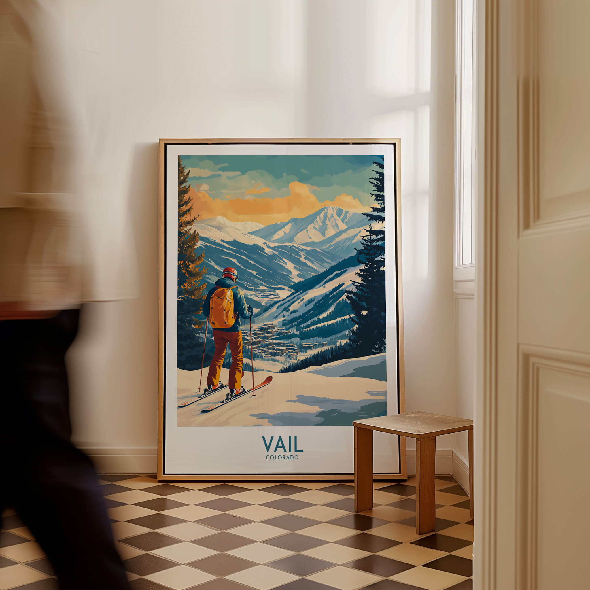 Vail Wall Art - Colorado Ski Poster showcasing a skier overlooking Vail Mountain in a stylish interior setting.