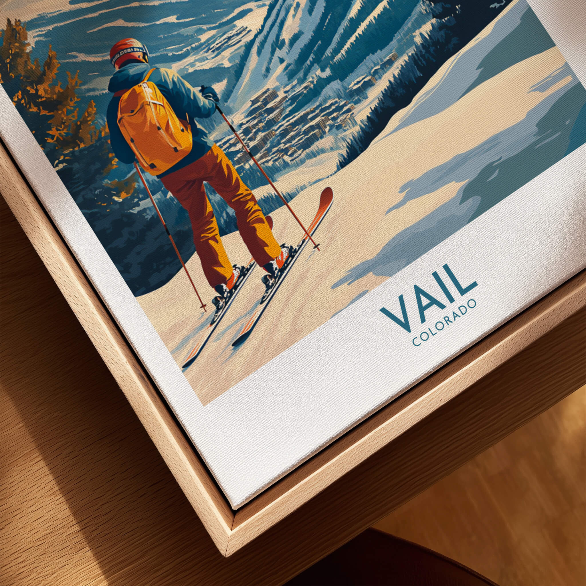 Vail Wall Art - Colorado Ski Poster featuring a skier on slopes with mountains in the background, perfect for ski lovers.
