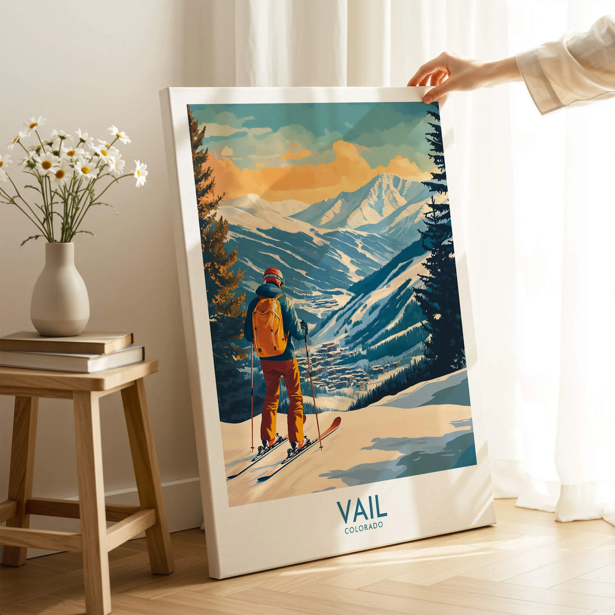 Vail Wall Art - Colorado Ski Poster showcasing a skier overlooking Vail Mountain, perfect for decorating home or office.
