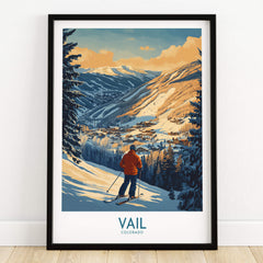 Vail Poster Colorado Ski Print showcasing a skier overlooking the snowy mountains of Vail, Colorado.