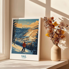 Vail Poster Colorado Ski Print showcasing a skier overlooking the picturesque Vail landscape in Colorado.