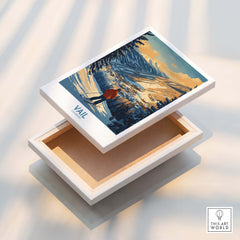 Vail Poster Colorado Ski Print displayed on an open box showcasing beautiful mountain scenery.