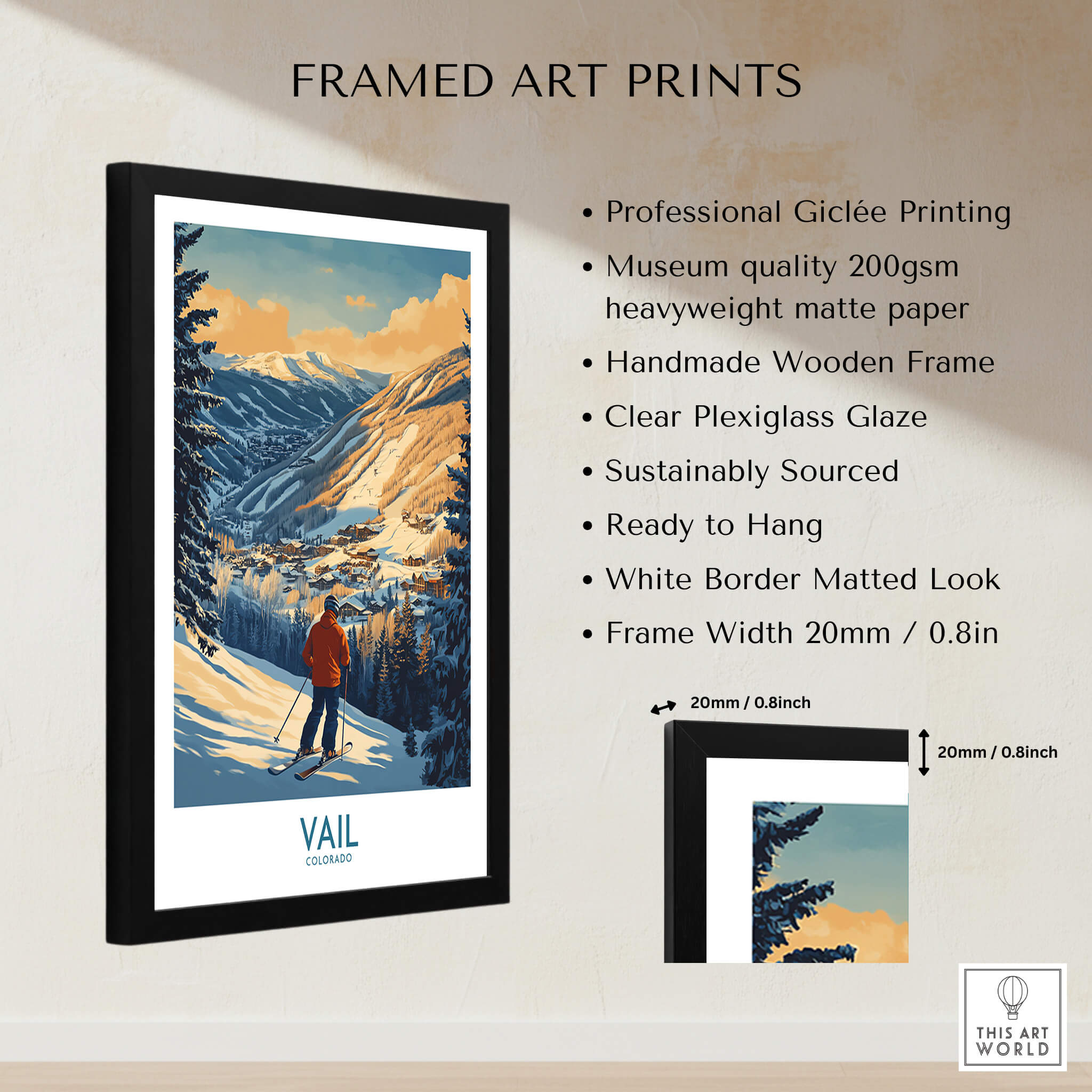 Vail Poster Colorado Ski Print framed art print showcasing a skier in Vail, Colorado with professional quality features.